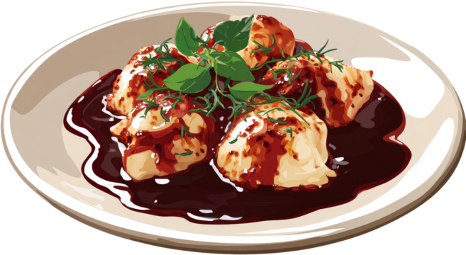 Creamy, dark-brown sauce coats several light-tan, round dumplings. Fresh herbs garnish the dish