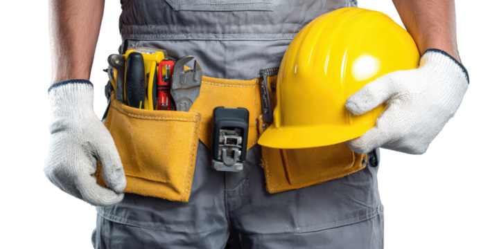 Close-up of a worker in workwear with tools and hardhat