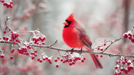 A vibrant red cardinal sits gracefully on a branch covered with snow and bright red berries. The scene captures the serene beauty of winter, showcasing natures contrast.
