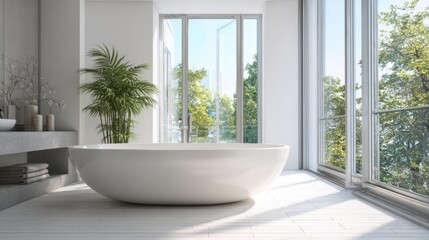 Fototapeta premium A spacious bathroom features a large freestanding tub and abundant natural light pouring in from expansive windows. Lush greenery outside enhances the tranquil atmosphere.
