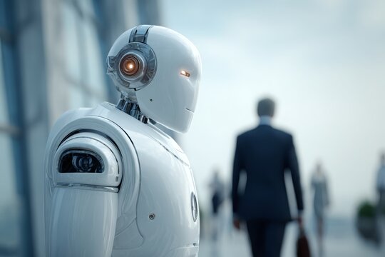 A futuristic white robot standing near a modern office building, possibly a corporate setting, while observing business people walking by in the background. - Powered by Adobe
