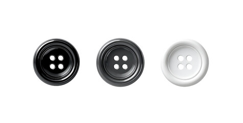 Three buttons, black, dark gray, and white, on a dark background. Each button has a smooth, rounded shape and four small holes