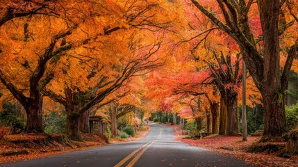 A picturesque rural road lined with colorful trees displaying vivid shades of orange and red. The vibrant foliage creates a stunning backdrop on a sunny day in autumn.