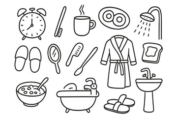 Morning Doodle Icons. Morning routine: hand drawn doodles of alarm clocks, toothbrushes, coffee mugs, breakfast plates, slippers,