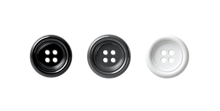 Three buttons, black, dark gray, and white, on a dark background. Each button has a smooth, rounded shape and four small holes