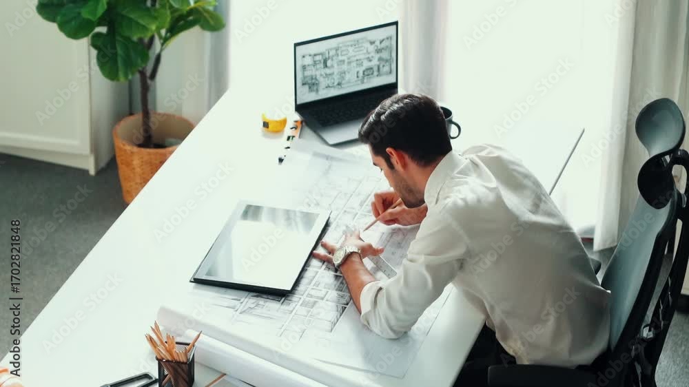 Poster skilled caucasian relaxed civil engineer lie on chair at table with blueprint in break time. profess