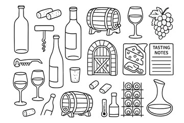 Wine Cellar Doodles. Wine cellar: hand drawn doodles of wine bottles, corks, barrels, glasses, grapes, openers, cheese boards,