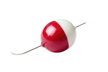 Red and white fishing bobber.  Small, round bobber with a split color design;  red on top half, white on bottom half.  A thin metal or wire line extends diagonally from the bobber.