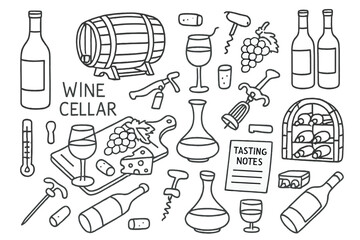 Wine Cellar Doodles. Wine cellar: hand drawn doodles of wine bottles, corks, barrels, glasses, grapes, openers, cheese boards,