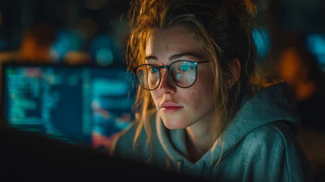 A focused young woman with glasses intensely working on a computer screen, displaying code, in a dimly lit environment, showcasing modern work life and technology.