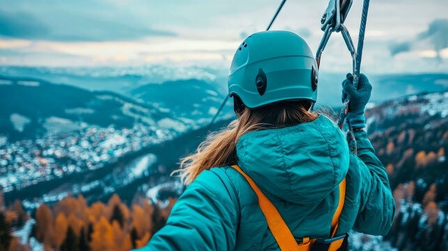 Adventurer's Perspective: Person in Helmet and Harness Gazing at Scenic Mountain Valley Landscape with Autumn Colors and Distant Town