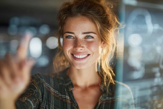Smiling young woman with freckles touching a glass panel with data, inside office, cheerful expression, hand gesture, positive mood, wearing casual plaid shirt. - Powered by Adobe