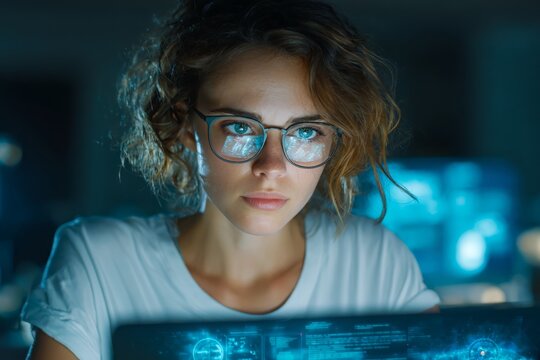 A focused young woman with glasses works late on a computer, the screen's glow reflecting in her eyes, creating a mesmerizing and captivating scene.