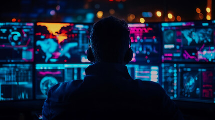 Rear view of person wearing headphones, intently observing multiple vibrant, data-rich computer screens in dark, high-tech control room with glowing interfaces and bokeh lights