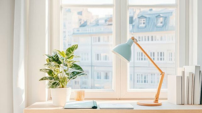 Bright and minimalist home office desk with blue lamp, green plant, and work essentials next to large window offering soft city view