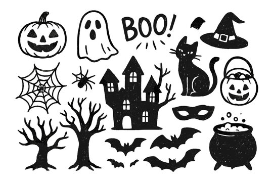 Halloween Doodle Icons. Halloween doodle icon set: hand drawn icons of carved pumpkin, ghost, witch hat, black cat, spiderweb,