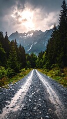 Fototapeta premium Mountain road through forest at sunset