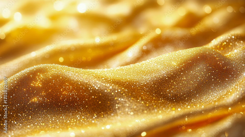 Poster close-up of elegant golden fabric draped in gentle waves, adorned with dazzling glitter and illumina