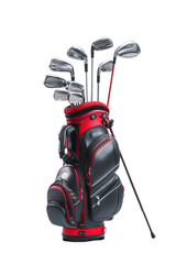 Golf bag filled with golf clubs.  Red and black bag, various metal clubs