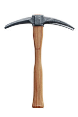 A pickaxe, head is dark gray metal, angled,  wooden handle