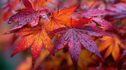 Glorious red and orange maple leaves are adorned with tiny water droplets, creating a vivid display of colors in a tranquil garden environment during fall.