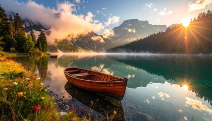 Serene lake sunrise with wooden boat