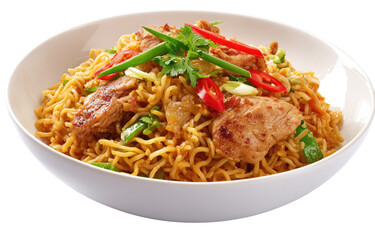 A bowl of stir-fried noodles with chicken, chili peppers, and green onions