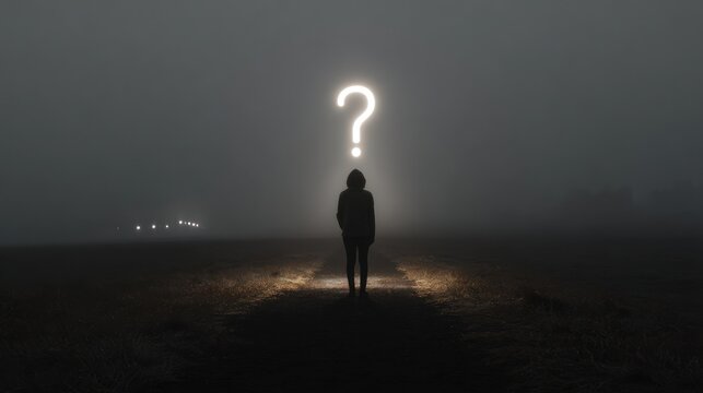 Person questioning foggy path