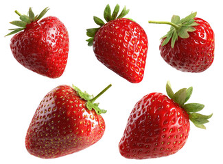 Close-up view of five fresh strawberries, with leaves