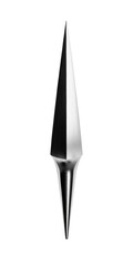 Sharp, pointed, metallic object.  A  faceted,  reflective  blade or tip against a dark background.  The form narrows gradually to a sharp point
