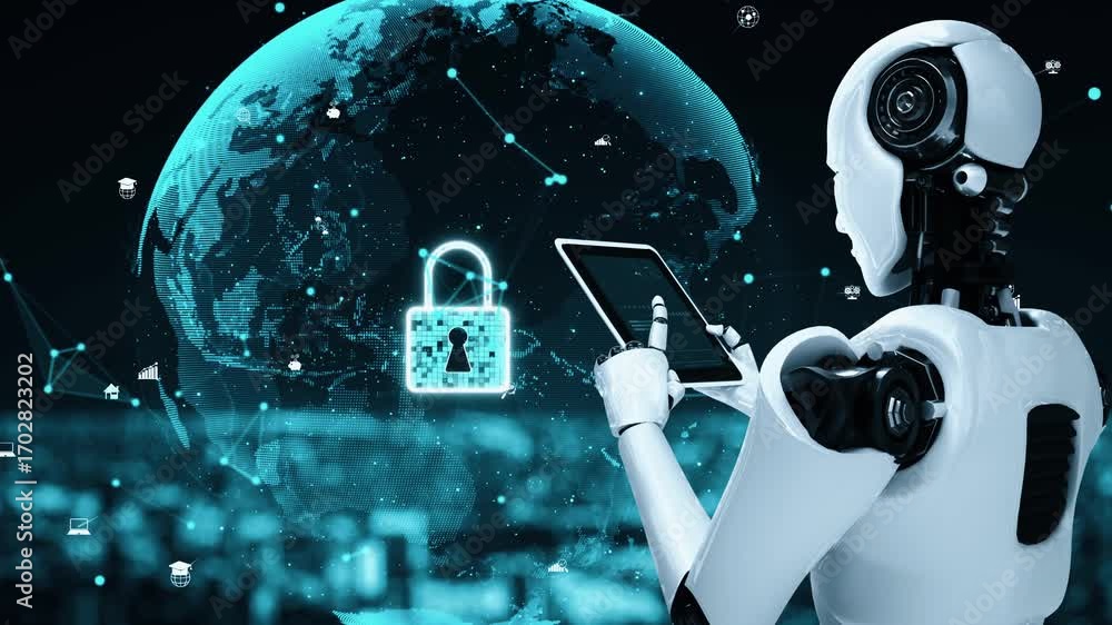Poster ai robot huminoid uses cloud computing technology to store data on online server . futuristic concep
