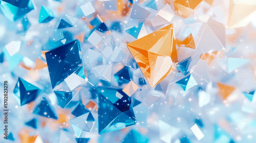 Poster vibrant and shimmering abstract background with crystalline blue, orange, and transparent geometric 