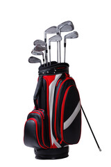 Golf clubs in a red and black bag.  Full golf set, ready to play