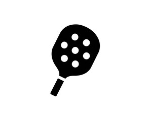 Simple, outlined paddle, likely for a racquet sport, featuring a paddle shape with a handle and a surface with multiple small circles