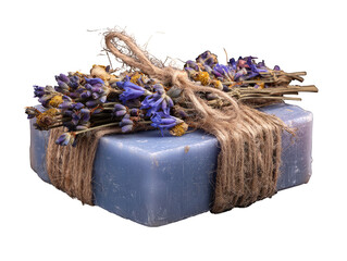 Lavender soap tied with twine.  Natural, dried flowers adorn the bar