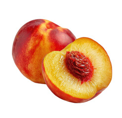 Close-up of two ripe peaches, one whole and one halved, showcasing vibrant red-orange flesh and juicy interior