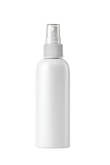 White plastic spray bottle.  Empty, blank, and matte finish.  Rounded, short, vertical form.  Top features a spray nozzle