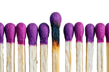 A single burned matchstick stands out among a row of identical purple-tipped matches