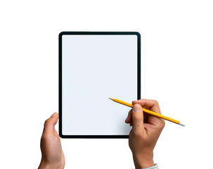 Hands holding a tablet computer with a blank screen, a yellow pencil poised over the display