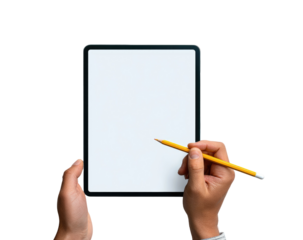 Hands holding a tablet computer with a blank screen, a yellow pencil poised over the display