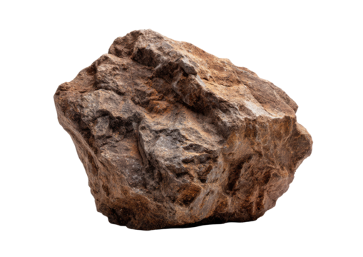 Close-up of a rough, irregularly shaped rock.  Its surface is textured with various shades of brown and gray, displaying striations and crevices