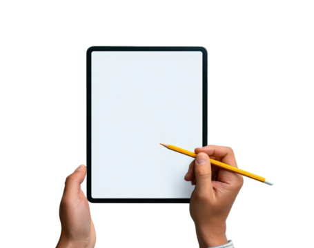 Hands holding a tablet computer with a blank screen, a yellow pencil poised over the display
