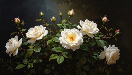 Obraz premium Elegant Floral Arrangement Featuring Creamy White Roses and Budding Blooms