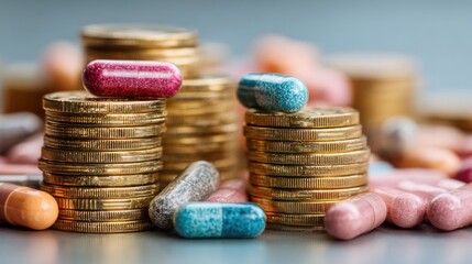 Various colorful capsules rest on stacks of coins, highlighting the ongoing issue of medication affordability and healthcare expenses in modern society.