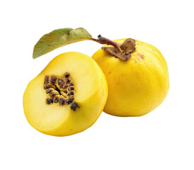 Two halves of a bright yellow quince fruit, one whole, with a leaf