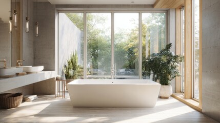 Fototapeta premium Bright and spacious bathroom showcases a minimalist design with a freestanding bathtub, potted plants, and expansive windows allowing for abundant sunlight. A tranquil retreat is created.