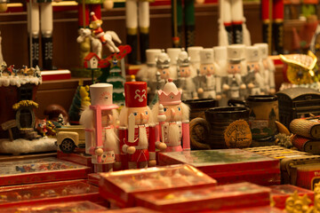 Sale of New Year and Christmas toys, decorations and souvenirs. Festive commerce and seasonal traditions in retail. 