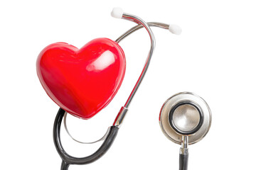 A red heart positioned above a stethoscope, on a black background.  The stethoscope's earpieces curve upwards, and the chest piece is visible to the lower right of the heart