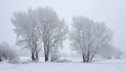 Fototapeta premium Snow-covered trees stand silently in a foggy winter landscape. The scene captures the stillness and beauty of nature during a cold season, creating a tranquil atmosphere.