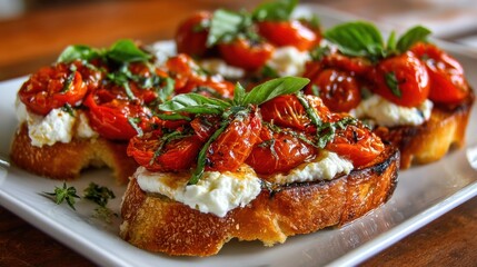 Freshly prepared bruschetta topped with roasted tomatoes and basil sits on crusty toasted bread. This vibrant dish showcases a delightful blend of flavors and textures, perfect for sharing.